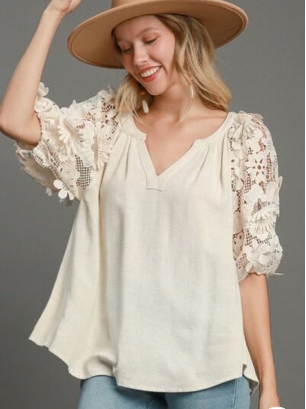 Umgee Oatmeal Linen Blend Boho Top with 3D Floral Crochet Lace Sleeve Small